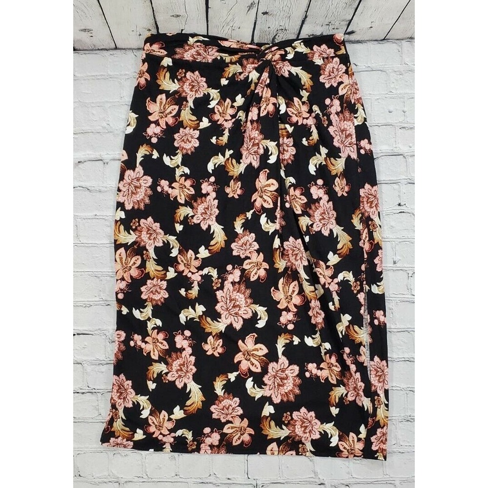 RALPH LAUREN Black Gathered Floral Tea Length A-Line Skirt WOMENS SIZE M
